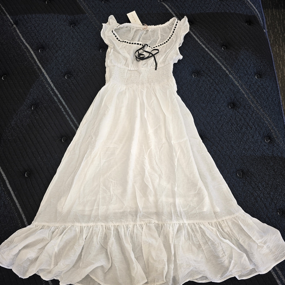 By The River Women's Flutter Sleeves W Black Milkmaid Bow Tie Midi White Dress L